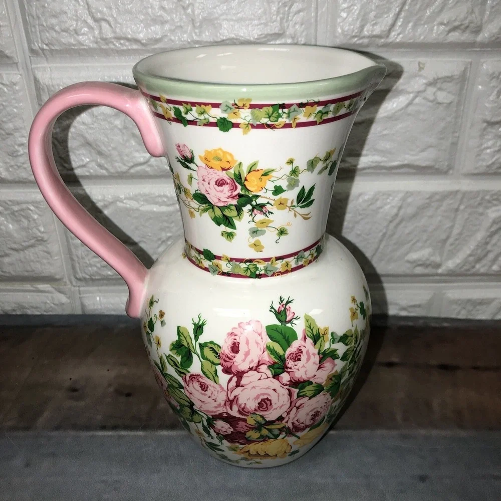 Vintage Laura Ashley Home Pink Roses Pitcher‎ Vase 7 1/2